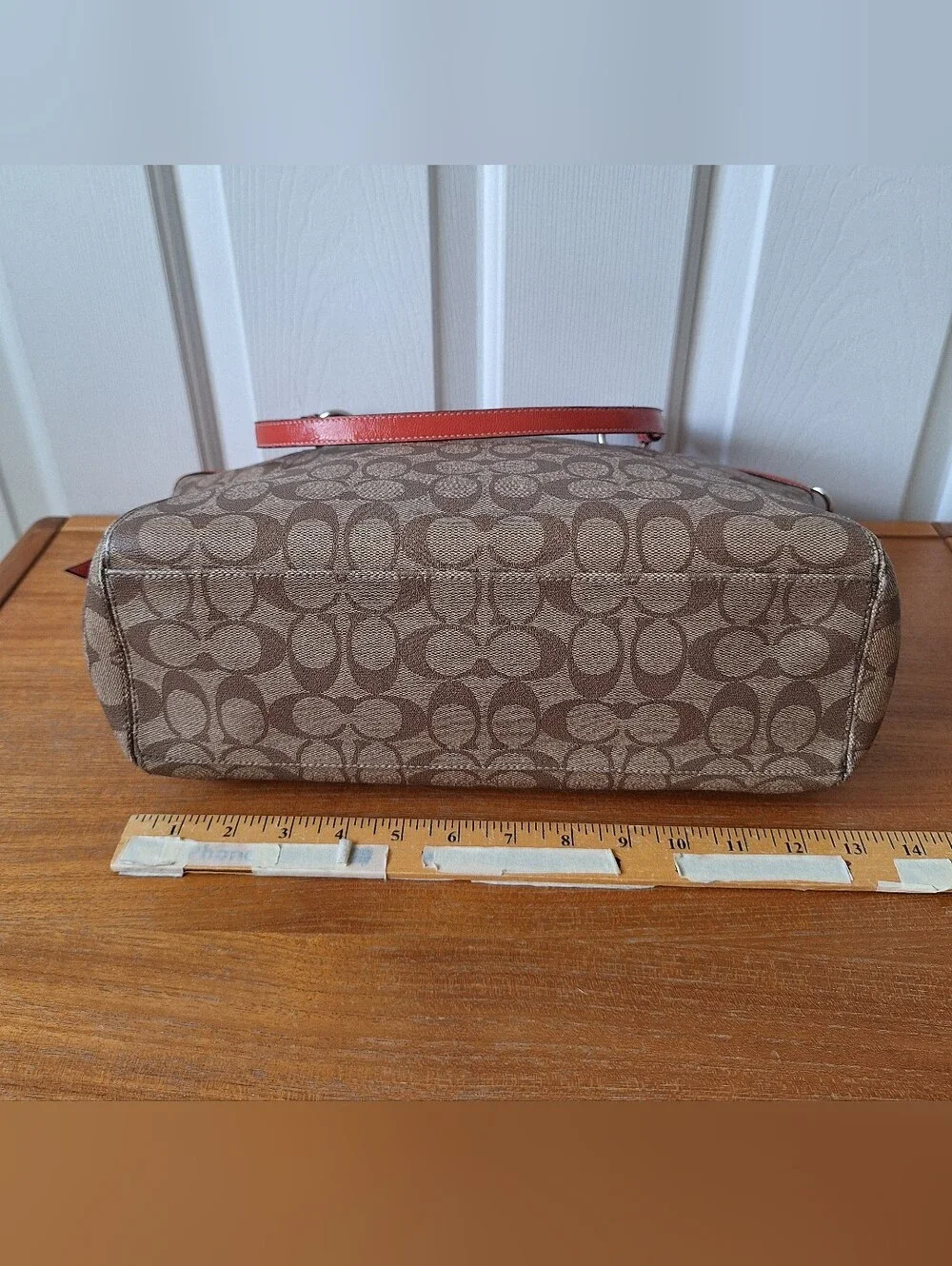 Coach Signature Coated Canvas Shoulder Bag Monogram Tote Coral Leather Trim